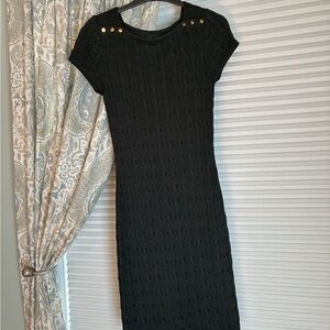 Ralph Lauren Black Knit Midi Dress with Gold Button Accents